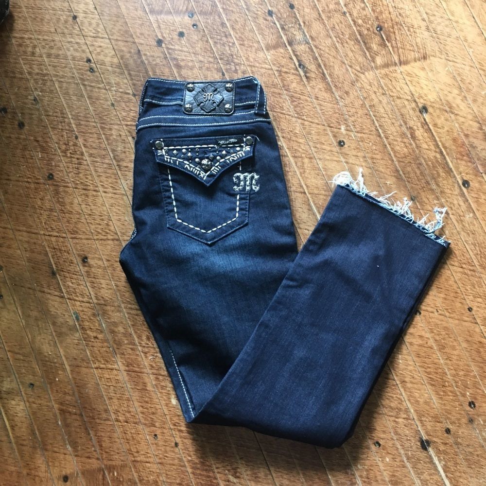 Dark wash jeweled Miss Me straight raw hems jeans